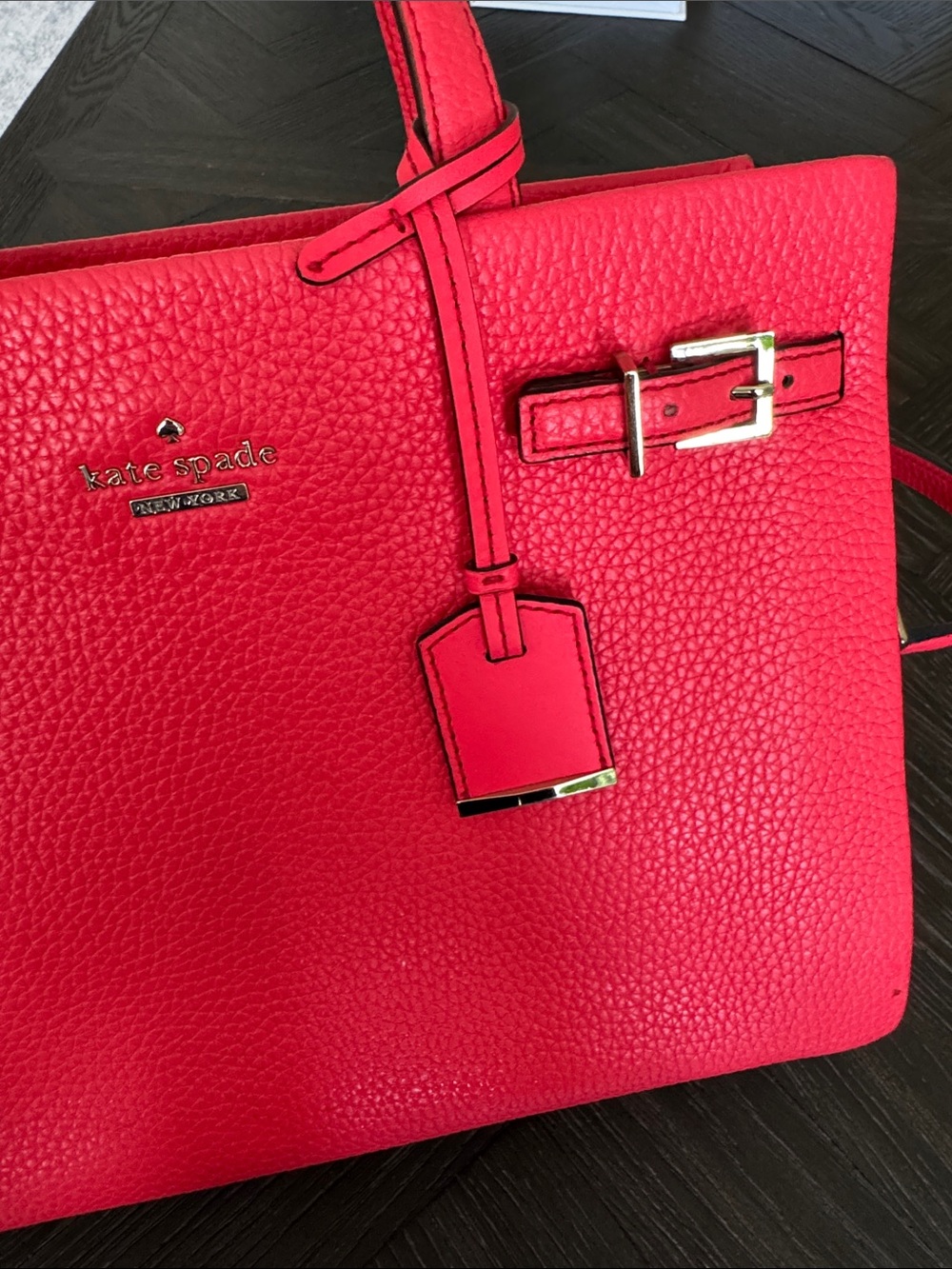Red Leather Satchel Bag | Structured Top Handle Tote Crossbody Medium Size Gold - Picture 3 of 7